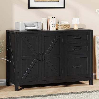 Befrases Farmhouse File Cabinet with Doors, Lateral Filing Cabinet with 3 Drawers for Letter/A4 Size Hanging Files, Large Wooden Storage Cabinet with Adjustable Shelves for Home Office, Black