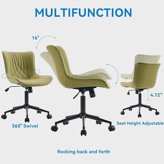 YOUNIKE Office Chair, Armless Desk Chair with Wheels, Home Office Computer Task Chairs, Modern Faux Leather Padded Vanity Chair, Adjustable Swivel Rolling Chairs with Back, Avocado Green