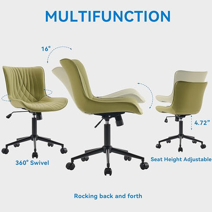 YOUNIKE Office Chair, Armless Desk Chair with Wheels, Home Office Computer Task Chairs, Modern Faux Leather Padded Vanity Chair, Adjustable Swivel Rolling Chairs with Back, Avocado Green