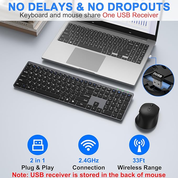 Wireless Keyboard and Mouse Combo, Full Size Silent Ultra Thin Keyboard with Magnetic Wrist Rest, Optical Mouse, 2.4G Lag-Free Cordless Mice Keyboard Set for Computer, Mac, Laptop, PC, Windows