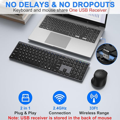 Wireless Keyboard and Mouse Combo, Full Size Silent Ultra Thin Keyboard with Magnetic Wrist Rest, Optical Mouse, 2.4G Lag-Free Cordless Mice Keyboard Set for Computer, Mac, Laptop, PC, Windows