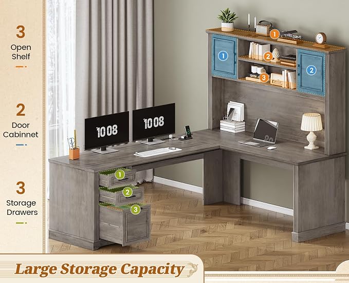 SEDETA Farmhouse L Shaped Desk with Hutch and 3 Drawers, 68.9" Executive Office Desk with File Drawer and Power Outlet, Corner Computer Desk with Storage Shelves for Home Office (Grey)