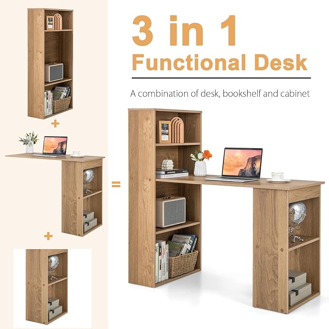 Tangkula Computer Desk with Bookshelf, Writing Study Desk with Storage Shelves & CPU Stand, Modern Compact Computer Workstation for Home & Office, Space-Saving Design(Natural)