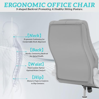 lavimiya Executive Office Chair with Rubber Wheels, Big and Tall Office Chair 400LBS, High Back Leather Computer Desk Chair with Flip-up Armrests and Lumbar Support, Grey