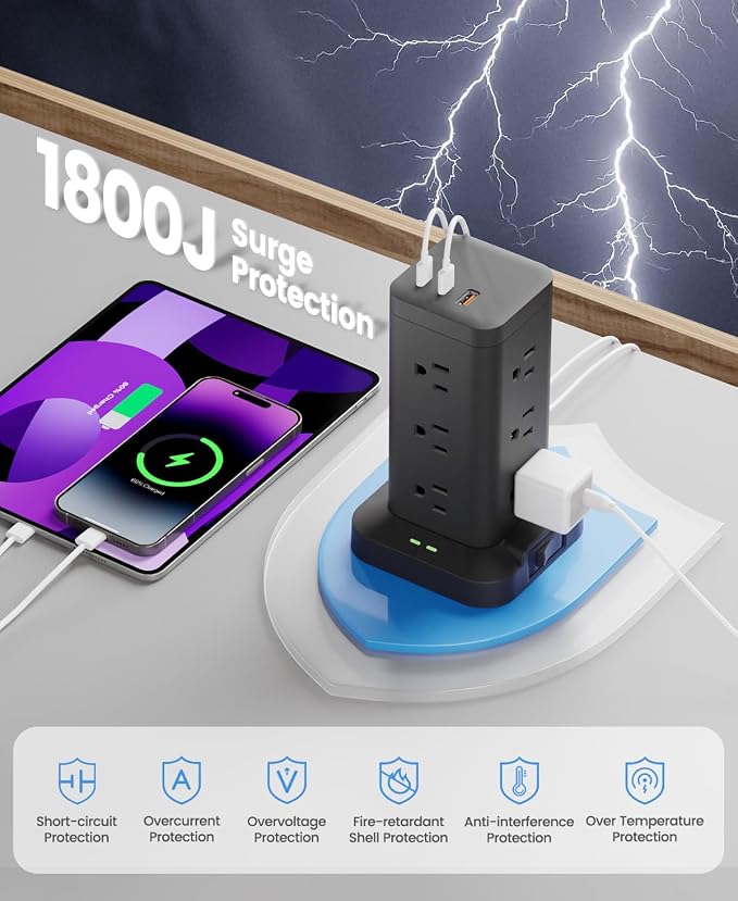 1800J Surge Power Strip Tower 1800J Fast Charging PD20W USB-C Black 10FT | 15-in-1 outlets with 12 AC plug, 2 USB-C & 1 USB-A; 10ft extension cords with multiple outlets; for home office dorm room;