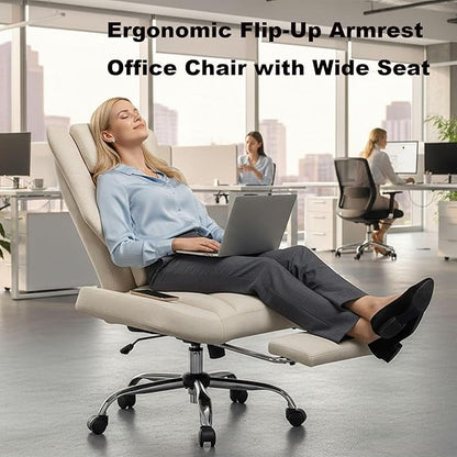 DYHOME Executive Office Chair Cross Legged Sitting with Massage and Footrest Heavy Duty Desk Chair,Swivel Ergonomic Chairs with Lumbar Support Wheels Flip-up Arms Height,Leather Beige