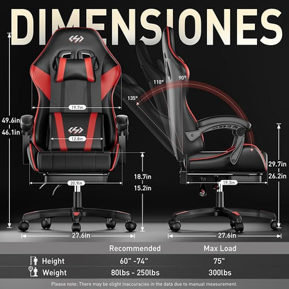 HLDIRECT Gaming Chair, Ergonomic Computer Office Chair with Lumbar Support Footrest Headrest, Adjustable Height & Backrest Angle Video Gamer Chair, PU Leather, 360° Swivel, Adult (Black&Red)