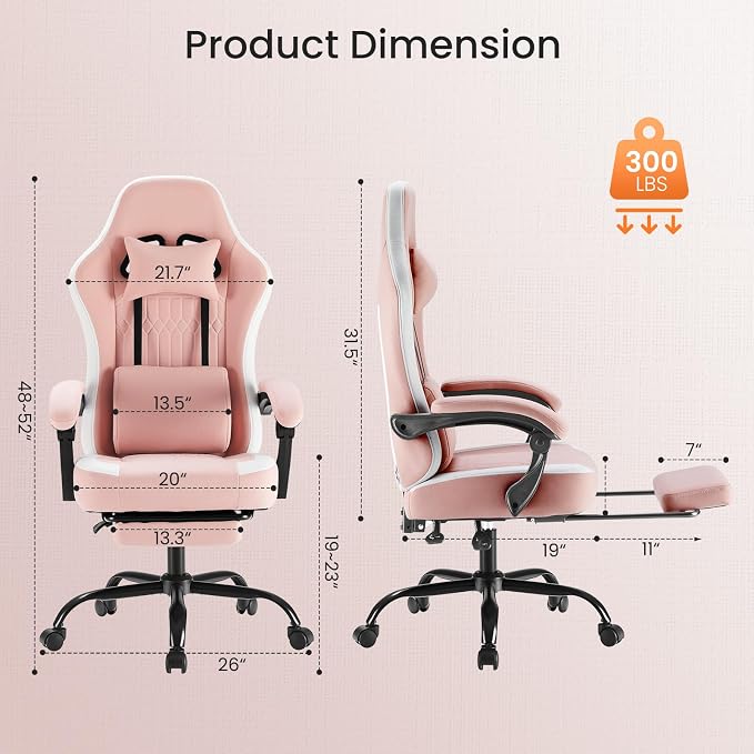 DUMOS Gaming Chair with Linkage Armrests, Video Game Chairs with Pocket Spring Cushion, Ergonomic Computer Silla Gamer Office Desk Chair with Footrest for Adults & Students, Pink