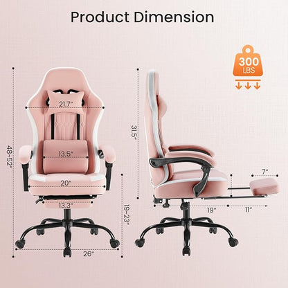 Sweetcrispy Video Gaming Chair: Ergonomic Desk Chair with Footrest and Lumbar Support, Height Adjustable High Back with Linkage Armrests and Headrest, 360° Wheels, Pink