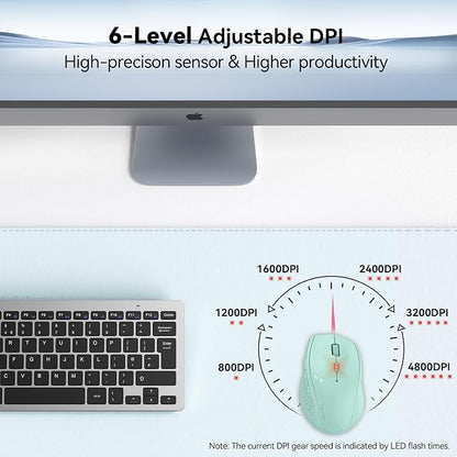 TECKNET Wireless Mouse, 2.4G USB Computer Mouse with 6-Level Adjustable 4800 DPI, 30 Months Battery, Ergonomic Grips, 6 Buttons Portable for PC, Chromebook, Mac - Green