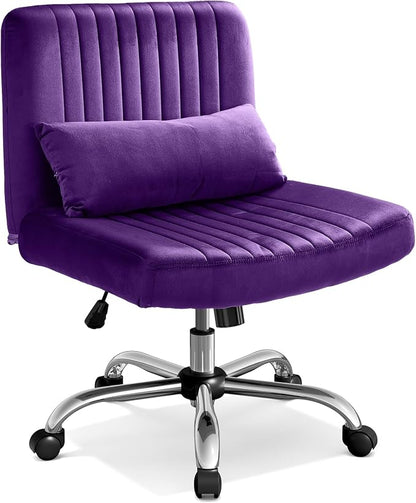 Criss Cross Chair with Wheels, Velvet Cross Legged Office Chair, Comfy Desk Chair for Home Office, Ergonomic Computer Chair, Wide Seat Vanity Chair, Birthday Gift for Women, Velvet Plum Purple