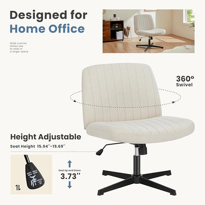 DUMOS Criss Cross Chair No Wheels Legged Office Wide Comfy Desk Vanity Chair, Armless Computer Task Seating, Swivel Home Height Adjustable for Bedroom, Study, Beige Fabric