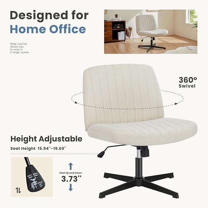 DUMOS Criss Cross Chair No Wheel Legged Office Wide Comfy Desk Vanity Chair, Armless Computer Task Seating PU Leather, Swivel Home Height Adjustable for Bedroom, Study, Beige Dual Base