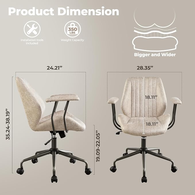 ovios Home Office Chair, Mid-Century Modern Faux Suede Leather Ergonomic Chairs, Mid Back Comfy Computer Swivel Rolling Task Executive Armchair, Beige