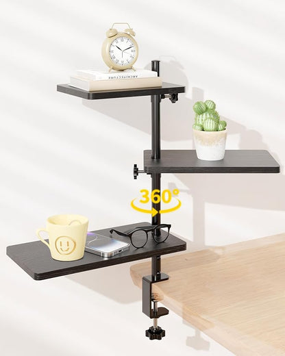 3 Tiers Clamp On Desk Shelf, 360° Angle Adjustable Desktop Shelf Organizer for Home Office Gaming Room, No Drill Desk Extender Adapt to 0.4-2.16 inches Table Thick, Black Brown