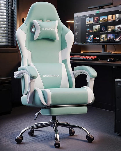 Dowinx Ergonomic Gaming Chair with Footrest & Massage Lumbar, 2D-Linkage Armrests for Computer Chair 330lbs with Headrest Pillow for Office, Home, Streaming and Long Gaming Sessions, Fabric Blue White