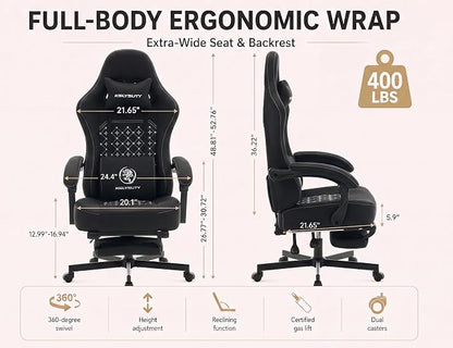 Office Desk Computer Gaming Chair for Adults, Ergonomic High Back Gamer Chair with Massage and Pocket Spring Cushion, Swivel Comfy Video Game Chairs with Footrest and Lumbar Support (Pro Black)