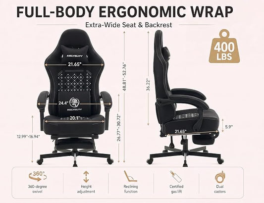 Office Desk Computer Gaming Chair for Adults, Ergonomic High Back Gamer Chair with Massage and Pocket Spring Cushion, Swivel Comfy Video Game Chairs with Footrest and Lumbar Support (Pro Black)