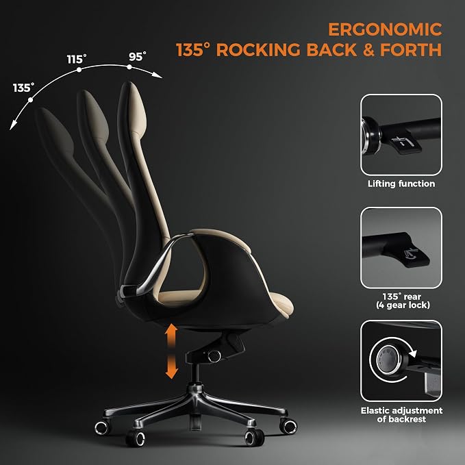 TOMU Genuine Top Grain Leather Office Chair Cream, Ergonomic Executive Chair High Back for Long Hours,Big and Tall Luxury Office Chair with Wheels, Aluminum Base and Armrest (Cream)