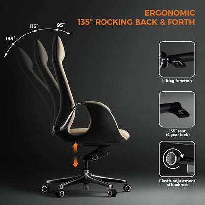 TOMU Genuine Top Grain Leather Office Chair Cream, Ergonomic Executive Chair High Back for Long Hours,Big and Tall Luxury Office Chair with Wheels, Aluminum Base and Armrest (Cream)