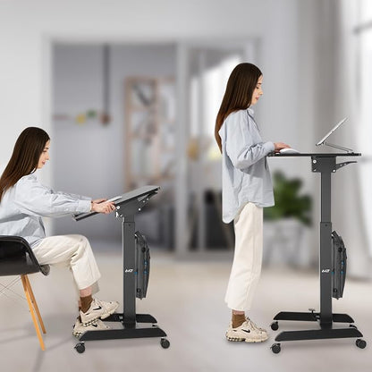 AVLT 47" Height Adjustable Mobile Workstation with Tilting Desk Black | 3 ft 11 inches - Foot Pedal Pneumatic Standing Desk Cart - Mobile Laptop Cart - Mobile Cart with Brake Casters