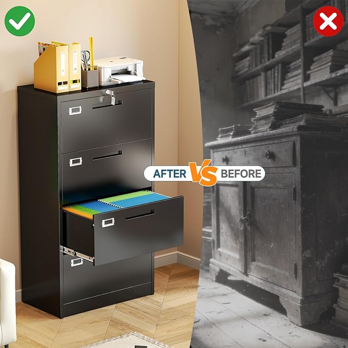 MIIIKO 4 Drawer Lateral File Cabinet with Lock, Black Lateral Filing Cabinets, Metal Storage File Cabinets for Hanging Files Letter/Legal/F4/A4 Size