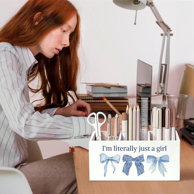 Coquette Blue Bow Pen Pencil Holder for Desk, Preppy Desk Decor, I'm Literally Just a Girl Preppy Aesthetic Wooden Box Sign Decorations for Girls Bedroom Room Dorm Tabletop