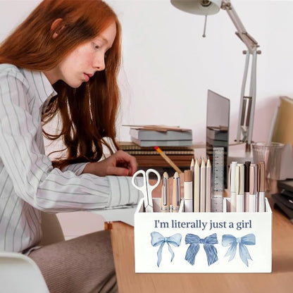 Coquette Blue Bow Pen Pencil Holder for Desk, Preppy Desk Decor, I'm Literally Just a Girl Preppy Aesthetic Wooden Box Sign Decorations for Girls Bedroom Room Dorm Tabletop