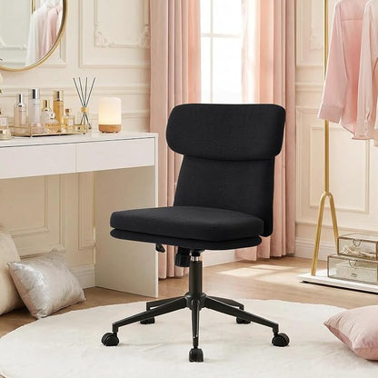 Furniliving Armless Office Chair, Upholstered Chenille Desk Chair with Wheels, Adjustable Swivel Computer Vanity Chair with Double-Layer Cushion, Black