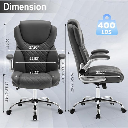 Leather Executive Office Chair, Big and Tall High Back Ergonomic Desk Chairs with Wheels, 90-120° Rocking Managerial Home Computer Chairs with Flip up Arms and Lumbar Support, Grey