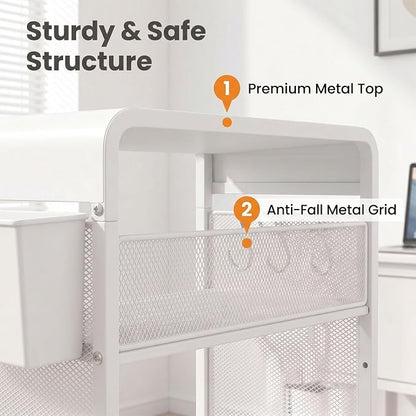 ECOLOVI 3 Tier Printer Stand for Under Desk, Height Adjustable Shelf Small Printer Table with 3 S-Hooks & Basket, Heavy Duty Industrial Storage Shelf for Home Office (White Metal)