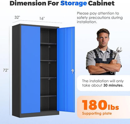 INTERGREAT Metal Garage Storage Cabinet with Lock, 72" Storage Cabinet with Locking Doors and 4 Adjustable Shelves, Lockable Steel Tool Cabinet for Home Office, School, Black Blue