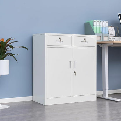 CMY Metal Storage Cabinet with 2 Drawers, 36" H Metal Cabinets with Adjustable Shelf, Locking Storage Cabinet for Office, Garage, Home-White
