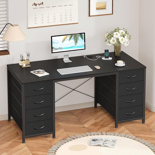 YOMILUVE 50 Inch Computer Desk with 8 Drawers, Home Office Desk with Power Outlets, Work Study Gaming Desk with 8 Fabric Drawers, Black