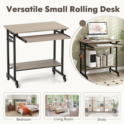 Tangkula Rolling Computer Desk Cart with Keyboard Tray, Mobile Portable Laptop PC Desk with CPU Stand & 3 Hooks for Sofa & Bed, Compact Small Desk on Wheels for Small Spaces (Grey)