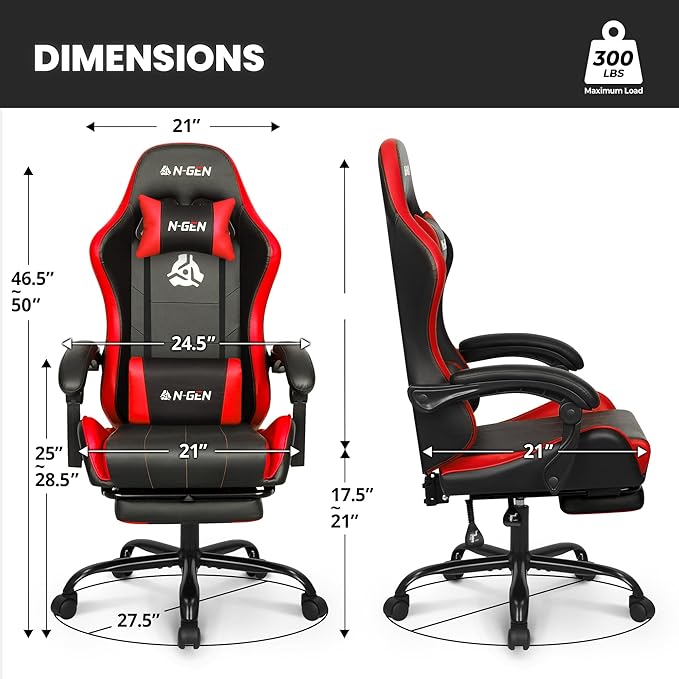 N-GEN GAMING Video Gaming Chair with Footrest Lumbar Support for Home Office High Back Recliner Height Adjustable Ergonomic Comfy Leather Computer Desk Chair (Red)