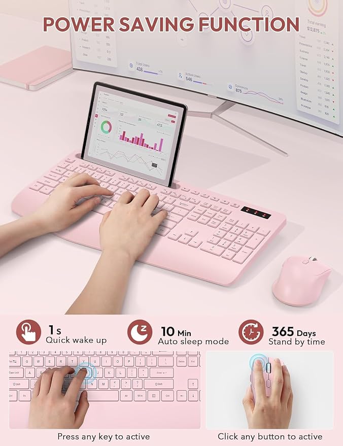Wireless Keyboard and Mouse, Wrist Rest, Phone Holder, Batteries Included, 2.4G Lag-Free Ergonomic Keyboards Mouse Combo, KM23D Silent Keyboards Set for Computer, Laptop, PC, Windows, Pink -SABLUTE
