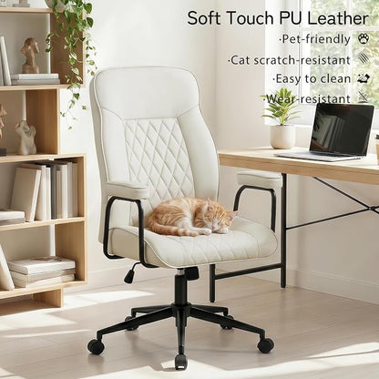 Furniliving Leather Office Chair, Comfy Home Office Desk Chair, Mid Century Modern Office Chair with Lumbar Support, Mid-Back Adjustable Swivel Computer Chair with Wheels and Arms, Cream White