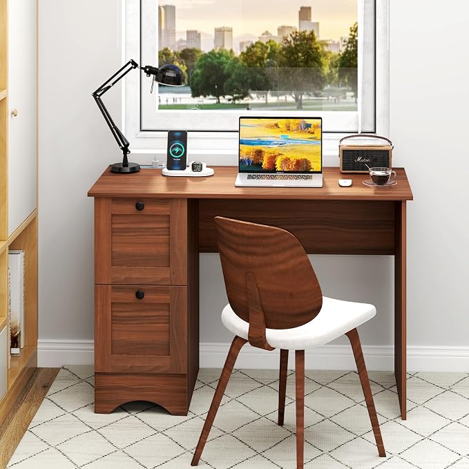 Giantex Computer Desk with 2 Drawers, 43” Wooden Home Office Desk with Charging Station, Compact Study Writing Desk, Modern Laptop PC Desk Workstation for Bedroom, Living Room (Walnut)