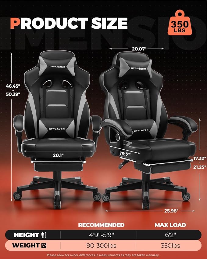 GTPLAYER Gaming Chair with Footrest, Big and Tall Computer Game Chair 350lb Racing Style, Ergonomic High Back Lumbar Support and Recliner, Moon Gray