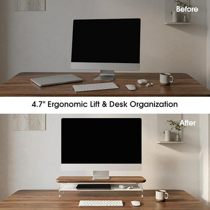 Fenge Acrylic Monitor Stand Riser, 23.6 Inches Monitor Stand with Metal Storage, 2 Tier Acrylic Computer Riser for Desk, Clear Laptop Stand for PC, Laptop, Printer, TV