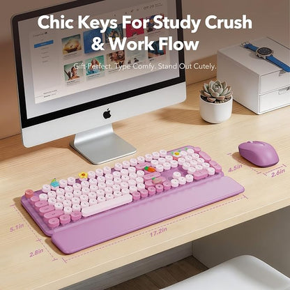 Wireless Keyboard and Mouse Combo, Round Keycaps, Full-Size Retro Typewriter Keyboard with Magnetic Wrist Rest, Tilt Legs, 2.4GHz Cordless Connection for Mac/Windows/PC, SABLUTE CK23, Lavender Purple