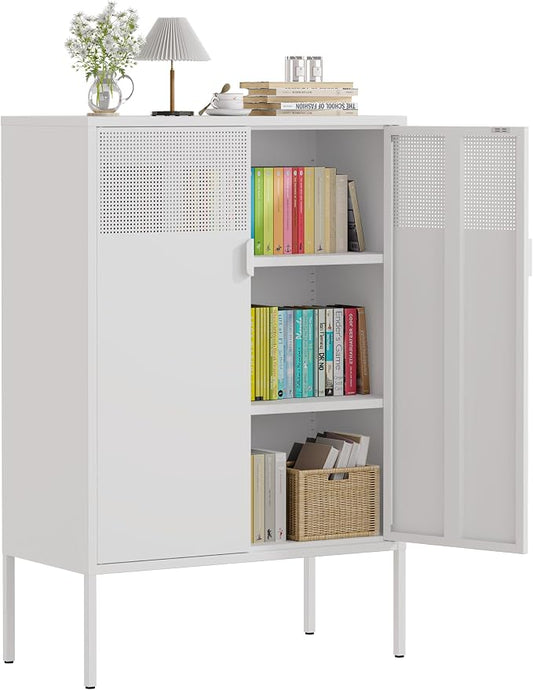 3-Tier Metal Storage Cabinet with 2 Adjustable Shelves, 2 Mesh Door Metal Locker Accent Cabinet with Legs, White Storage Cabinets, Metal Tv Stand Cabinet for Home, Office, Entryway & Hallway