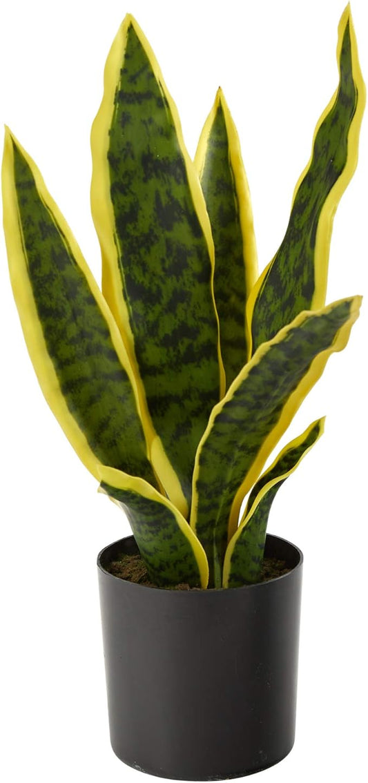 Nearly Natural 14-in Artificial Tall Snake Plant Sansevieria, Yellow Faux Snake Plant for Indoor Home Decor in Black Nursery Pot, Fake Plant for Office, Living Room, Bedroom, Tabletop, DIY