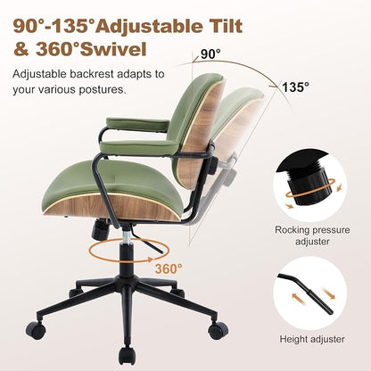 Mid Century Modern Office Chair with Adjustable Backrest, Wooden Desk Chair with Armrests, Swivel Height Adjustable Home Office Chair, Comfortable Task Chair for Home Office, Green