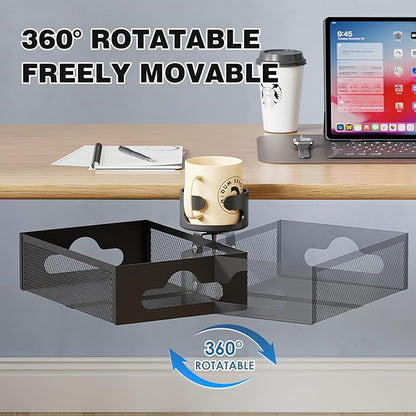 Cup Holder Under Desk Drawer 360° Swivel C-clamp Mounting Mesh Storage Box Spill-proof Easy Install Table Management Tray