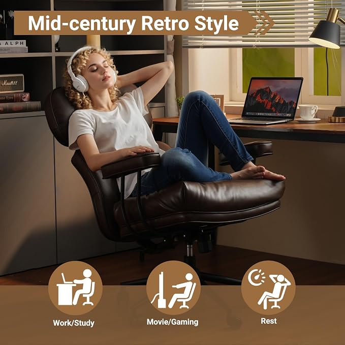 Home Office Chair,Ergonomic Computer Chair with Lumbar Support Adjustable Height,Mid-Century Modern Office Chair with Rolling Swivel Chair for Home Office Game Study(PU Leather Chair,Coffee)
