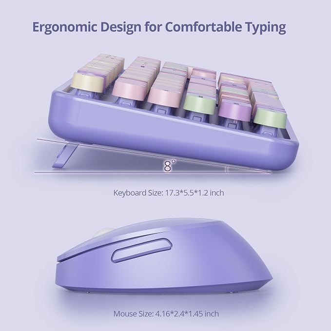 Wireless Keyboard and Mouse Set, Retro Typewriter 2.4GHz Full Size 104-Key Cute Colorful Keyboard with Number Pad Round Keycaps for Windows PC Laptop(Colorful Purple)