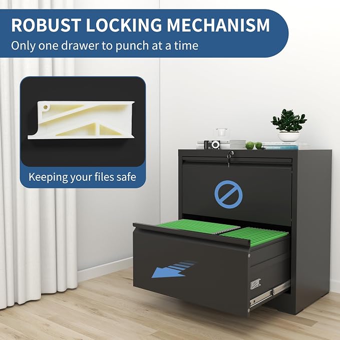 2 Drawer File Cabinet with Lock, Black Metal Lateral Filing Cabinets for Home Office, Heavy Duty Steel Horizontal Locking Storage Cabinet for Legal/Letter/A4 Size File, Assembly Required