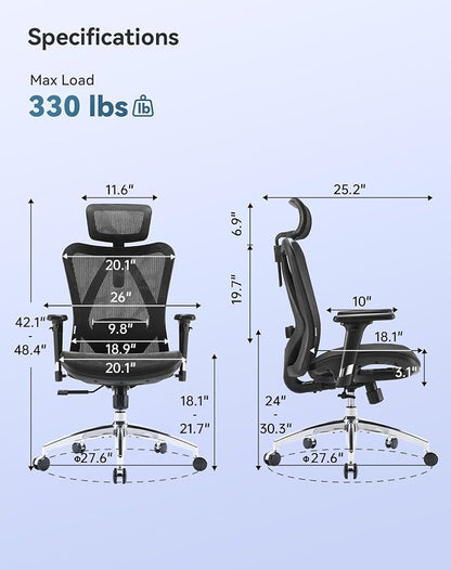 SIHOO M57 Ergonomic Mesh Office Chair, High Back Home Desk Chair with 3D Armrests, Lumbar Support and Adjustable Headrest, Comfortable Computer Chair, Big & Tall Office Chair Hold 330 LBS-Ebony